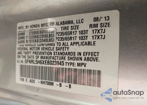2014 Honda Odyssey Ex-L z USA, uszkodzony, nr VIN 5FNRL5H6XEB023945